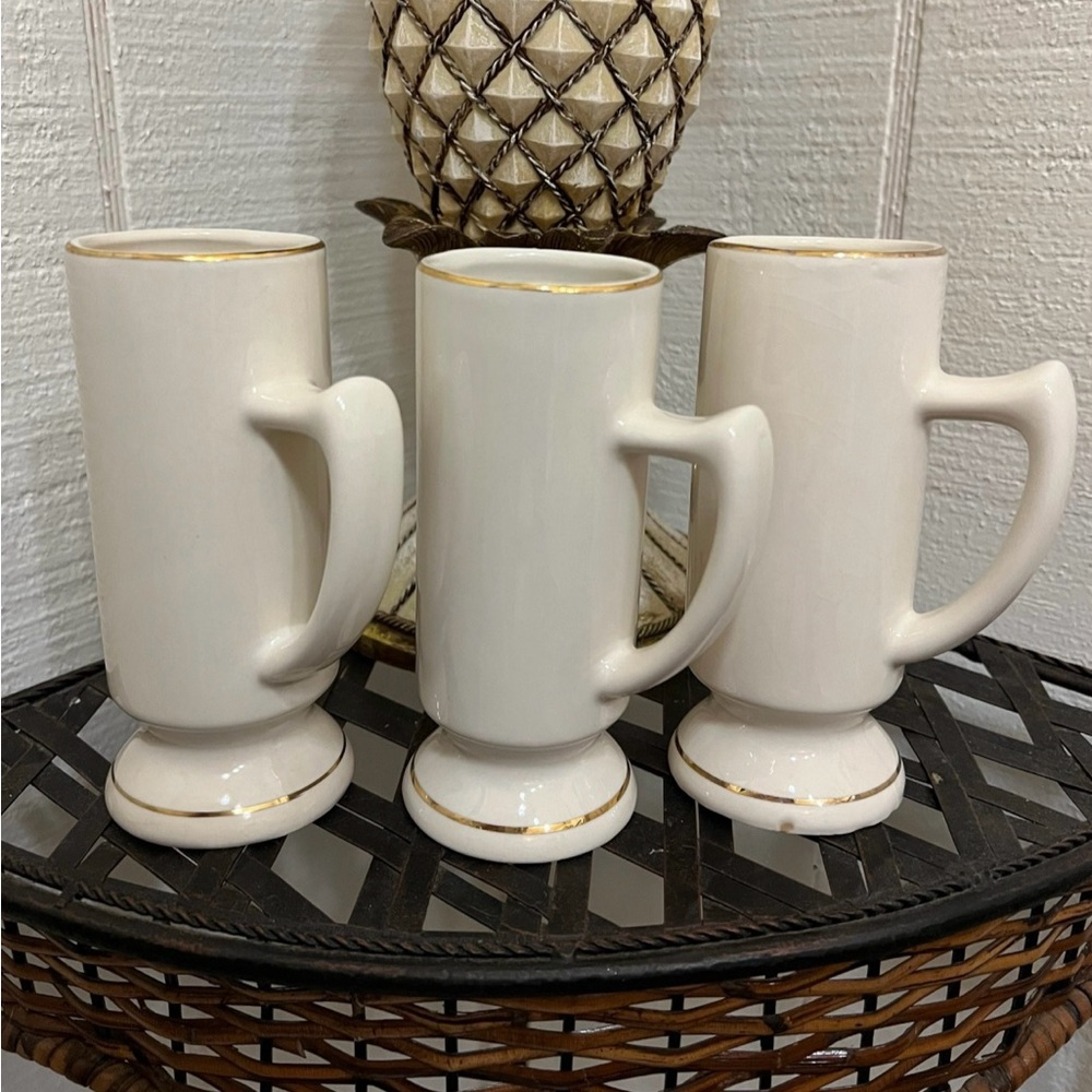 MidCentury Modern  Gold Rimmed Pedestal Coffee Mug - set of 3